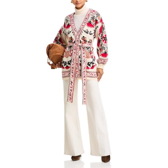 FARM RIO Cashew Mandala Belted Knit Cardigan, Cream/Red/Black, Size M, NWT - Picture 2 of 13